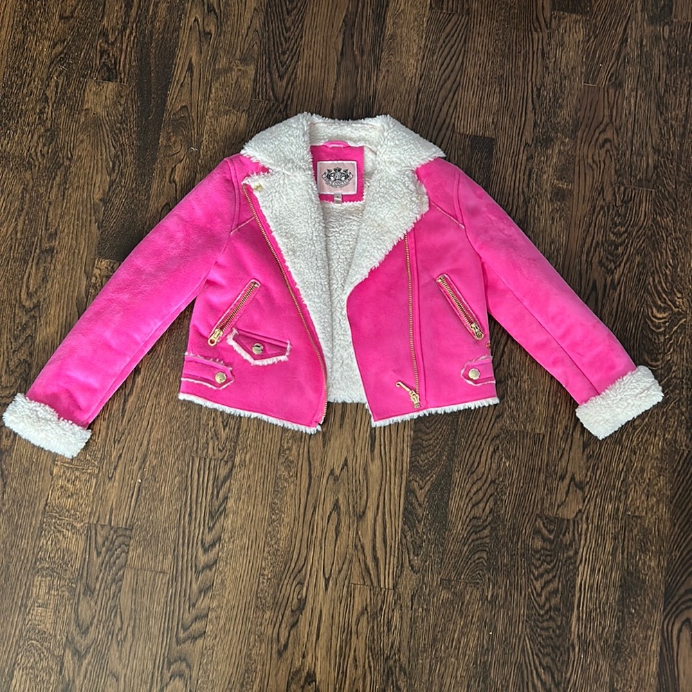 Jacket, gold detailing,pink suede outside,cream color soft furry material inside